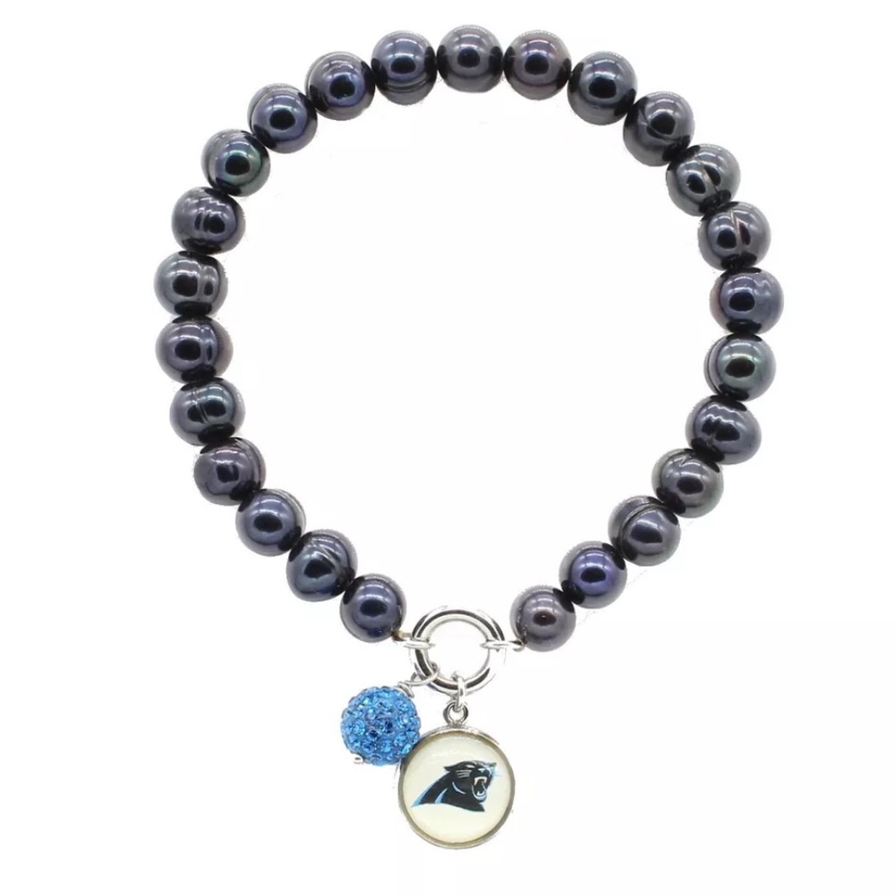 Honora Cultured Pearl 7.0mm NFL Team Carolina Panthers Stretch Charm Bracelet